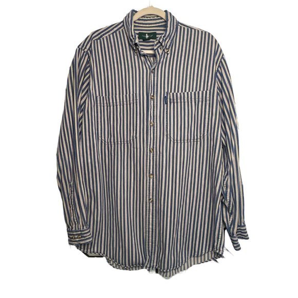 VTG Hunt Club Men Button Up Shirt Blue Stripe Pockets Long Sleeve SZ Large Tall - Picture 3 of 7